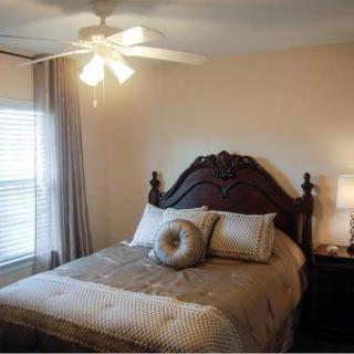 A cozy bedroom with a decorative bed, bedside lamp, and ceiling fan.