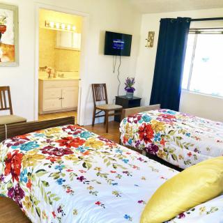 A bright bedroom featuring twin beds with colorful floral bedding, a wall-mounted TV, and a small bathroom in the corner.