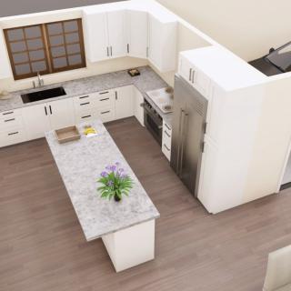 A modern kitchen with white cabinetry, a central island, and stainless steel appliances.