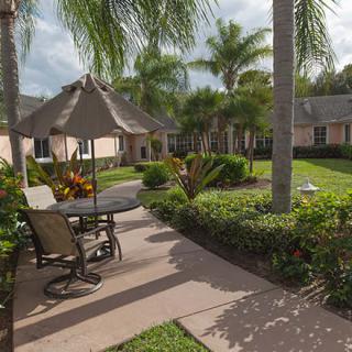A tranquil garden patio area with chairs and a table under an umbrella, surrounded by lush palm trees.