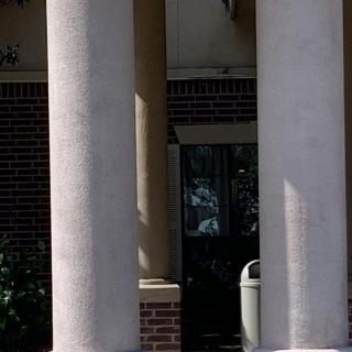 The entrance of a building features prominent columns and a glass door, with a trash can nearby.