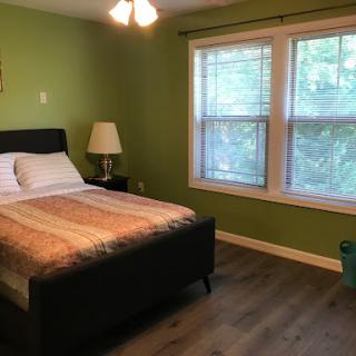 A cozy bedroom featuring a comfortable bed, green walls, and ample natural light from the windows.