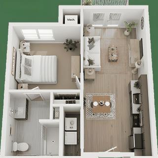 A 3D floor plan of a modern one-bedroom apartment with an open living room and kitchen layout.