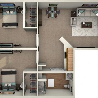A 3D rendered floor plan showcasing a modern house layout with multiple rooms and open spaces.
