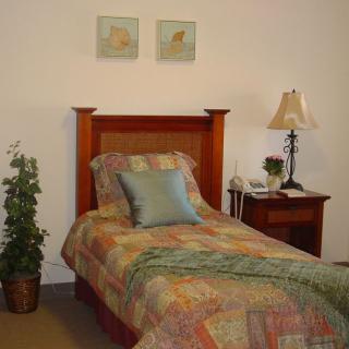 A cozy bedroom with a single bed, wooden headboard, bedside table with a lamp, and wall art.