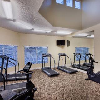 A fitness room with multiple treadmills and exercise equipment.
