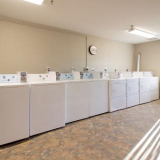 A row of washing machines in a communal laundry room.