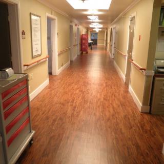 A hospital corridor with a medical cart and open doors along the hallway.