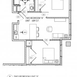 Floor plan of a 650 sq ft two-bedroom apartment.