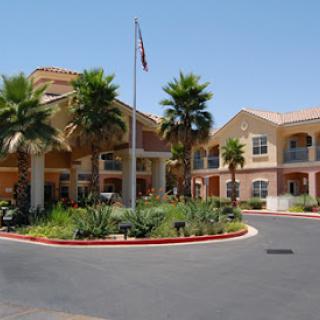 A welcoming hotel entrance surrounded by palm trees and landscaped gardens.