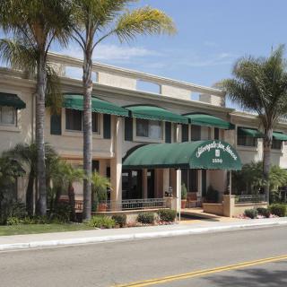 A hotel building with green awnings, situated alongside a street lined with palm trees.