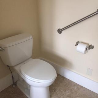 A bathroom with a toilet, handrail, and toilet paper holder.