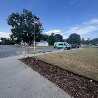 A view of a park area featuring a flag, trees, and parked vehicles under a clear blue sky.