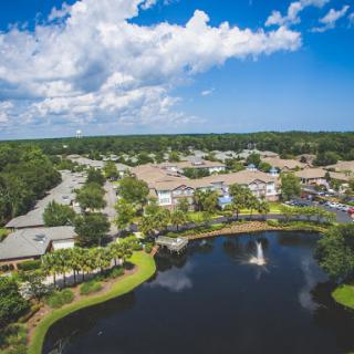 A serene aerial view of a residential community featuring a picturesque lake and lush greenery under a partly cloudy sky.