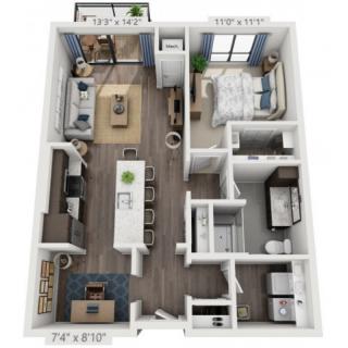3D floor plan of an apartment featuring an open concept living area, bedroom, and bathroom.