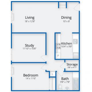 A detailed floor plan of an apartment featuring a living room, dining area, study, bedroom, kitchen, bathroom, and storage space.