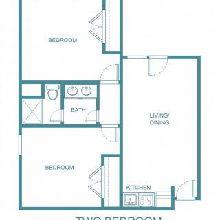 Two-bedroom apartment floor plan with living/dining area and kitchen.
