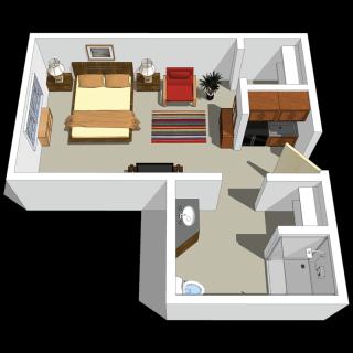 A 3D floor plan of a bedroom with furniture and bathroom area.