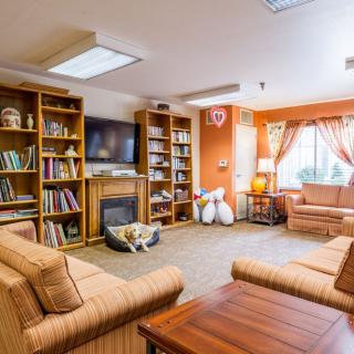 A cozy living room with bookshelves, sofas, and a fireplace.