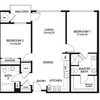 A floor plan featuring two bedrooms, a living room, kitchen, dining area, and balcony.