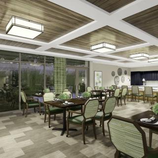 Modern restaurant dining area with elegant furnishings and a cozy atmosphere.