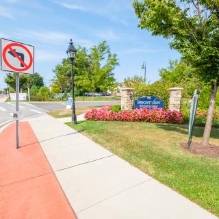 A landscaped street corner featuring a 'No Left Turn' sign and a pathway lined with trees and flowers.