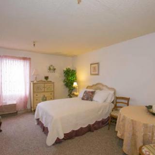 A cozy and well-furnished bedroom featuring a double bed, bedside table, and a window with soft curtains.