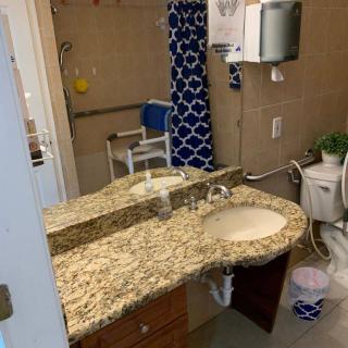 A bathroom featuring a granite countertop with a sink, a mirror, a shower area with blue patterned curtains, and accessibility features like handrails.