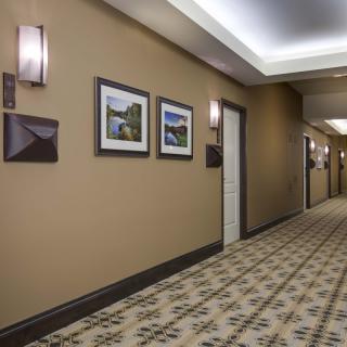 A hotel hallway with carpeted floors, wall-mounted lights, and framed artwork.