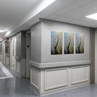 A clean and well-lit hospital corridor featuring art on the walls.