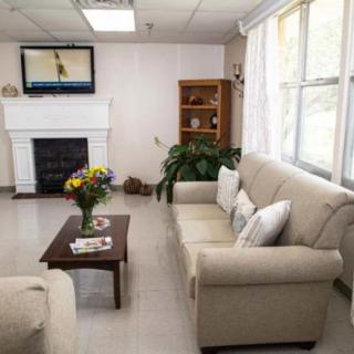 A cozy living room with a sofa, coffee table, and fireplace, featuring a vase of flowers and decorative elements.