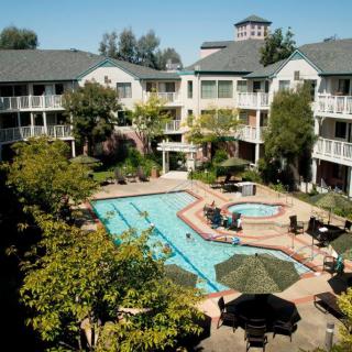An outdoor view of a hotel with a swimming pool surrounded by trees and balconies.