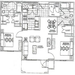 A detailed floor plan of a two-bedroom apartment including a kitchen, living room, dining area, and bathroom.