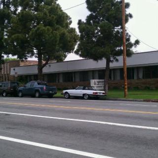 A street view showing parked cars alongside a sidewalk with trees and a building in the background.
