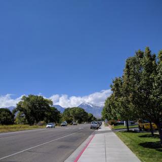 A serene street lined with trees, leading towards the mountains under a clear blue sky.