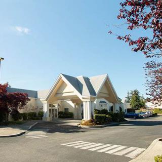 A sunny day at the entrance of a white building with a driveway and surrounding trees.