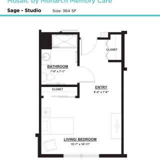 Floor plan of a Sage Studio, measuring 364 square feet.