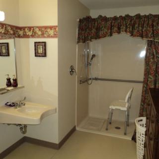 An accessible bathroom with a shower equipped with handrails and a chair.