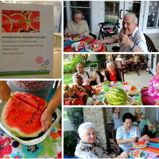 A joyful group of seniors enjoying a watermelon-themed social gathering outdoors.