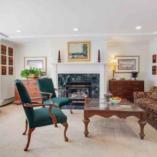 A well-decorated living room with elegant furniture and a cozy fireplace.
