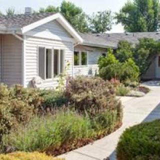 A well-landscaped front yard featuring lush greenery and a winding pathway leading to a cozy house.