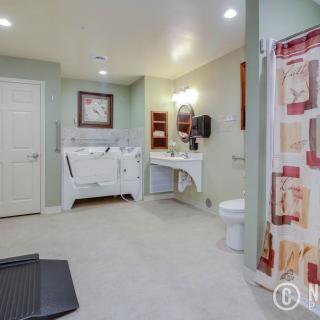 A spacious, wheelchair-accessible bathroom with a shower, sink, and toilet.