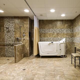A modern and serene bathroom space featuring a therapy tub and elegant tiled walls.