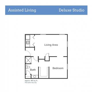 A floor plan of an assisted living deluxe studio apartment.