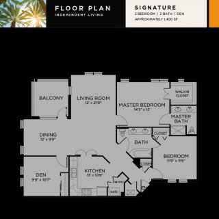 A detailed floor plan of a two-bedroom, three-bathroom apartment with a living room, dining area, and balcony.