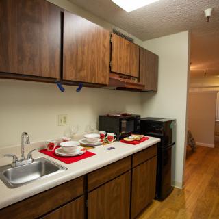 A cozy kitchen with wooden cabinets and a clean countertop.