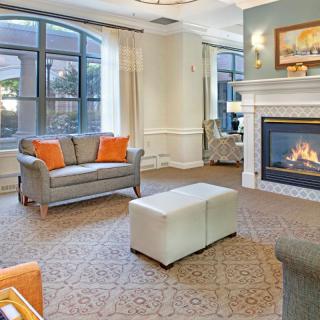 A modern living room featuring a cozy fireplace and stylish seating.