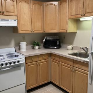 A cozy kitchen with wooden cabinets, a stove, microwave, and sink.