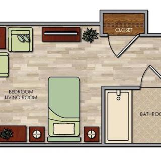 A floor plan showing a bedroom with furniture arrangement and an attached bathroom.