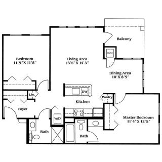 A layout of a two-bedroom apartment with labeled dimensions and designated living areas.